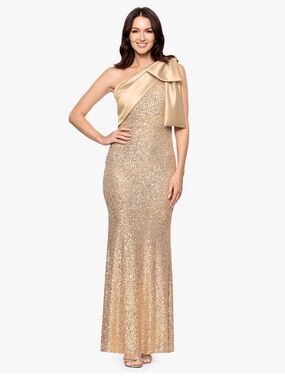 One-Shoulder Gold Sequin Evening Gown